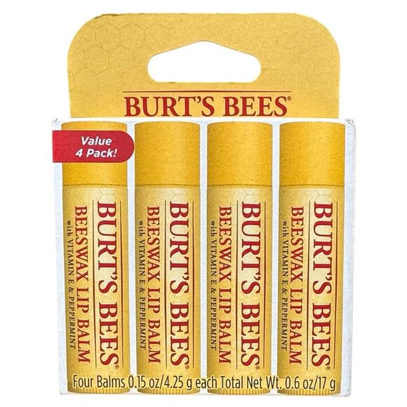 Burts Bees Lip Balms Original Flavor Box Of 4 Beeswax Vitamin E & Peppermint Oil - Picture 1 of 15